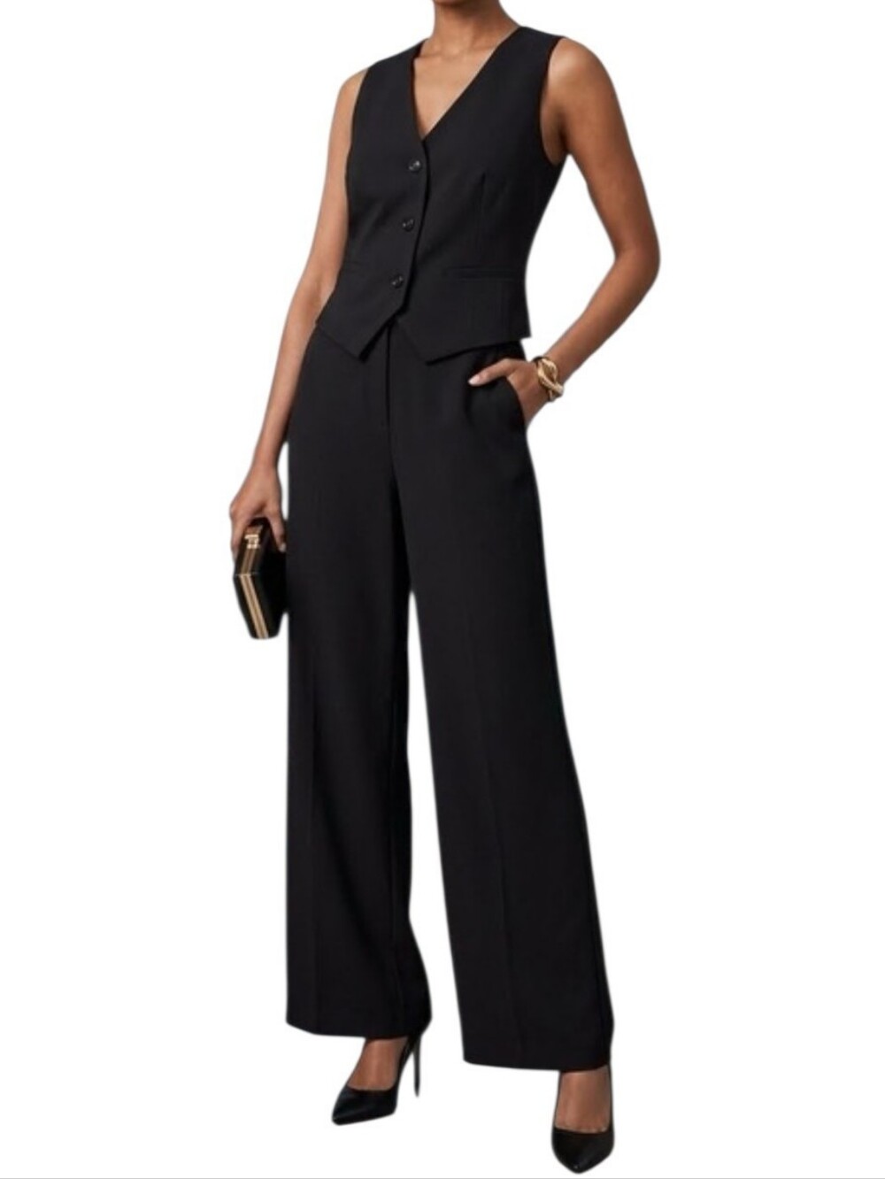NWT DKNY V-neck Fitted Vest Wide Leg Jumpsuit In Black Size 14
